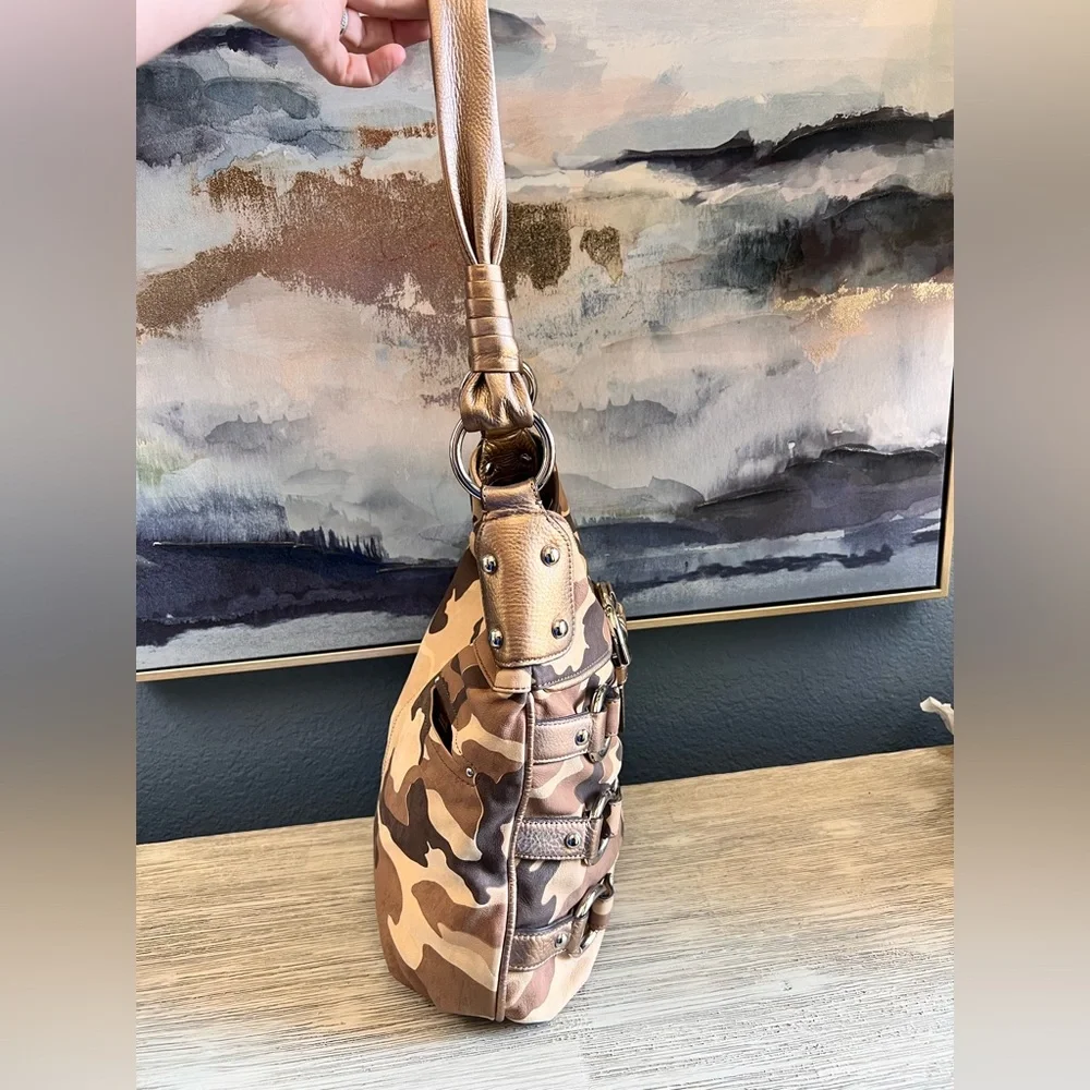 b. makowsky Genuine Leather Camouflage Hobo Bag with Brown Accents